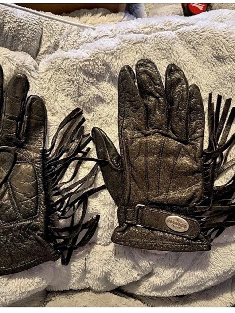 Vintage Harley Davidson Womens Black Leather Riding Gloves Fringe Tassels Medium